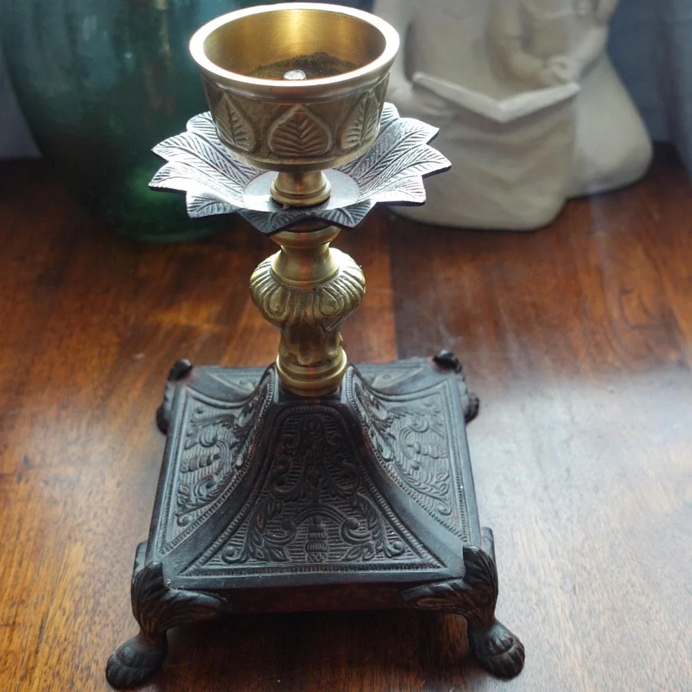 Vintage‎ Ornate Brass Cast Iron Candle Holder Claw Foot Victorian Gothic 9in
